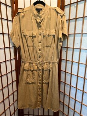 Ashley Stewart Tan Button-Front Utility Dress
